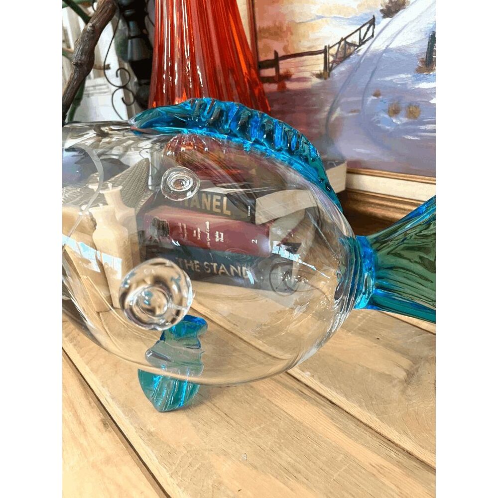 Vintage Blenko Style Glass Fish Vase Clear Art Glass Bowl with Aqua Blue Fins - Picture 3 of 6